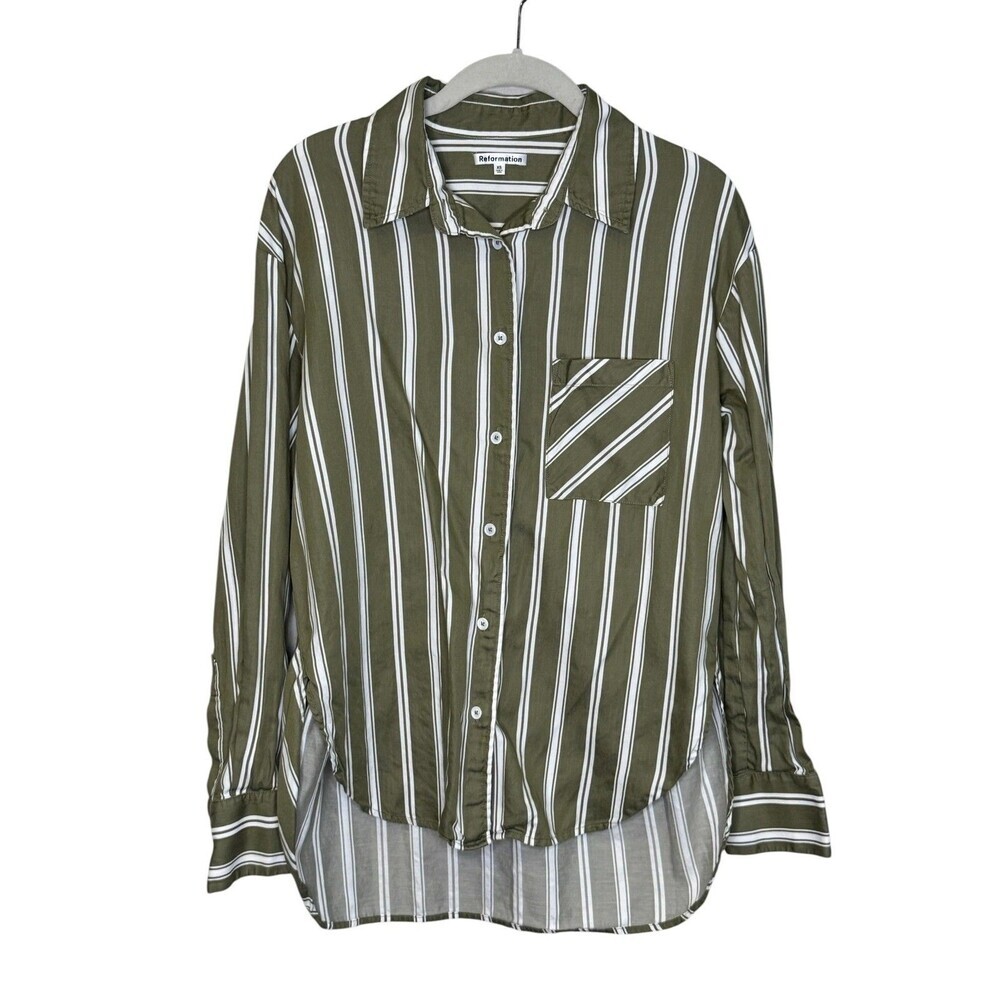 Reformation Shirt Womens XS Green Stripe Button Front Long Sleeve Tunic Top